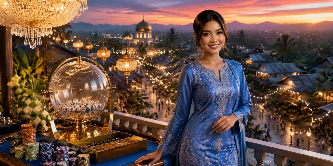Permainan loteri tradisional dengan peserta memakai pakaian Malaysia